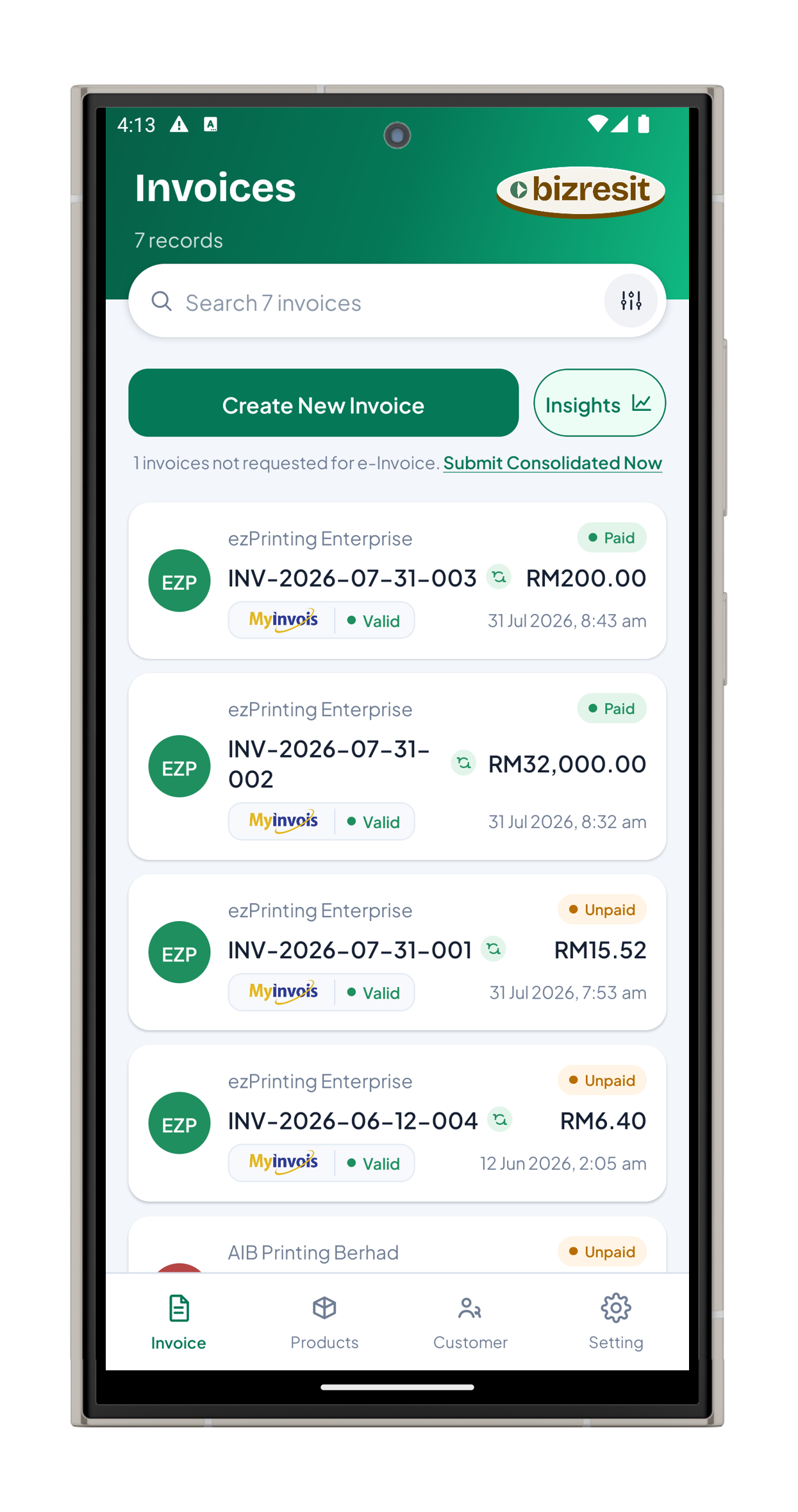 BizResit app — invoices list